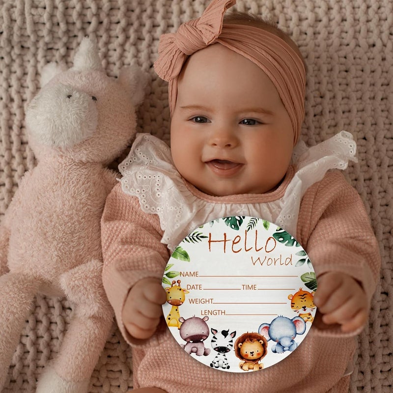 CLHHM Hello World Giraffe Yellow Elephant Birth Announcement 6" Round Birch Wood Newborn Sign for Nursery Hospital & Baby Shower, Personalized Baby Name Plaque, Keepsake Décor Gift for New Parents - Image 4
